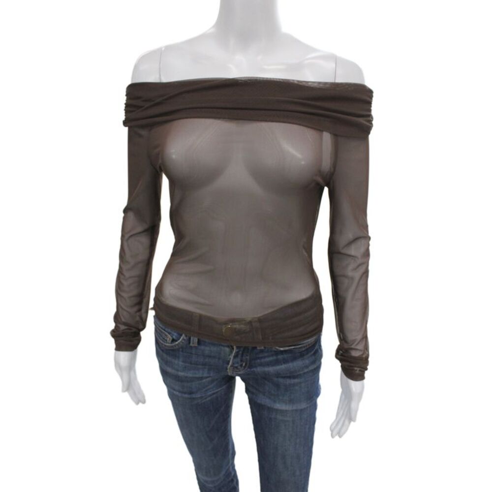 Designer Women Brown Mesh Long Sleeve 90s Top Solid Spring Size S